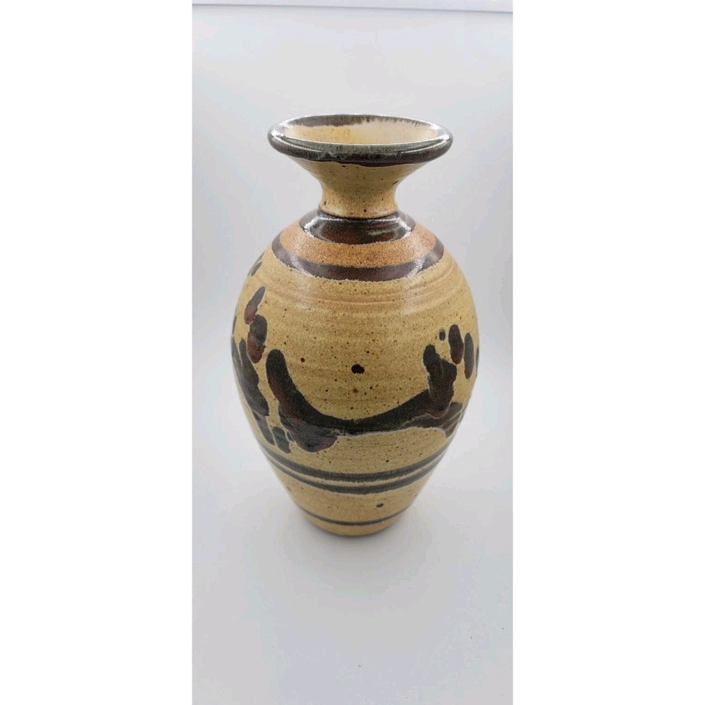 Signed 1970s Faulkner Studio Pottery 11" Vase Vintage Brown Drip Glaze MCM